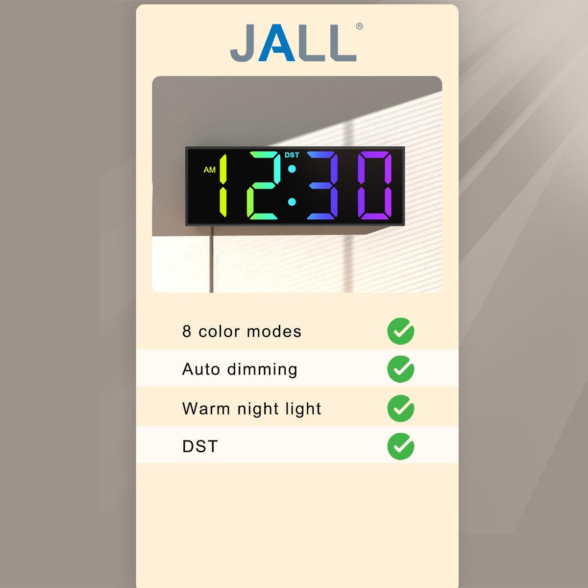 Digital Wall Clock with Big LED Numbers for Classroom, Wall Clock with 8 RGB Colors for Senior, Digital Clock with Auto DST, Night Light for Bedroom (Black)