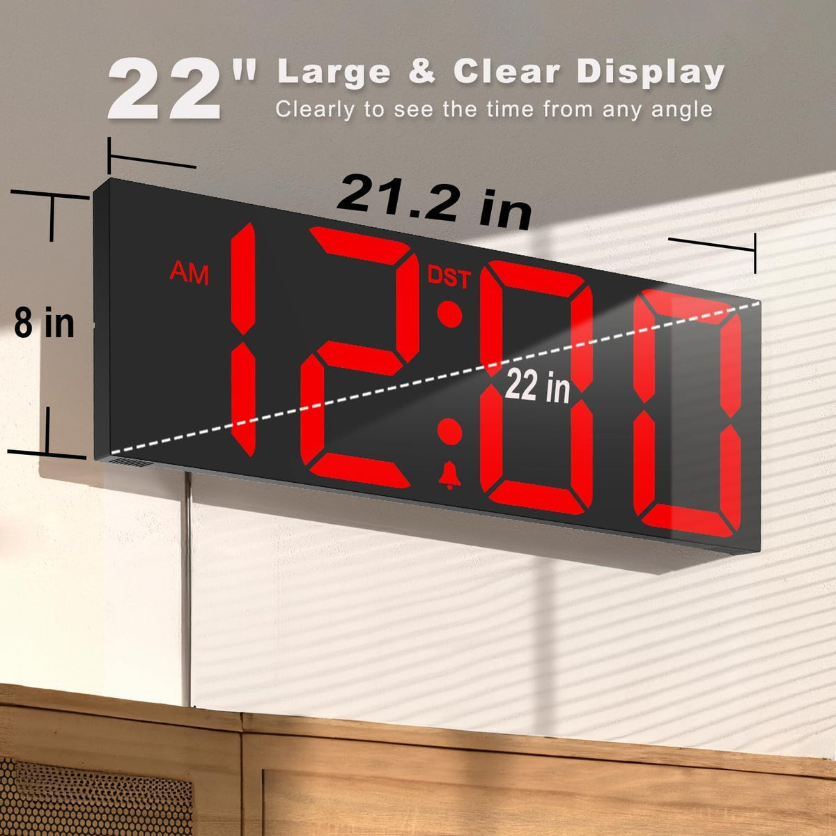 Digital Wall Clock with Big LED Numbers for Classroom, Wall Clock with 8 RGB Colors for Senior, Digital Clock with Auto DST, Night Light for Bedroom (Black)