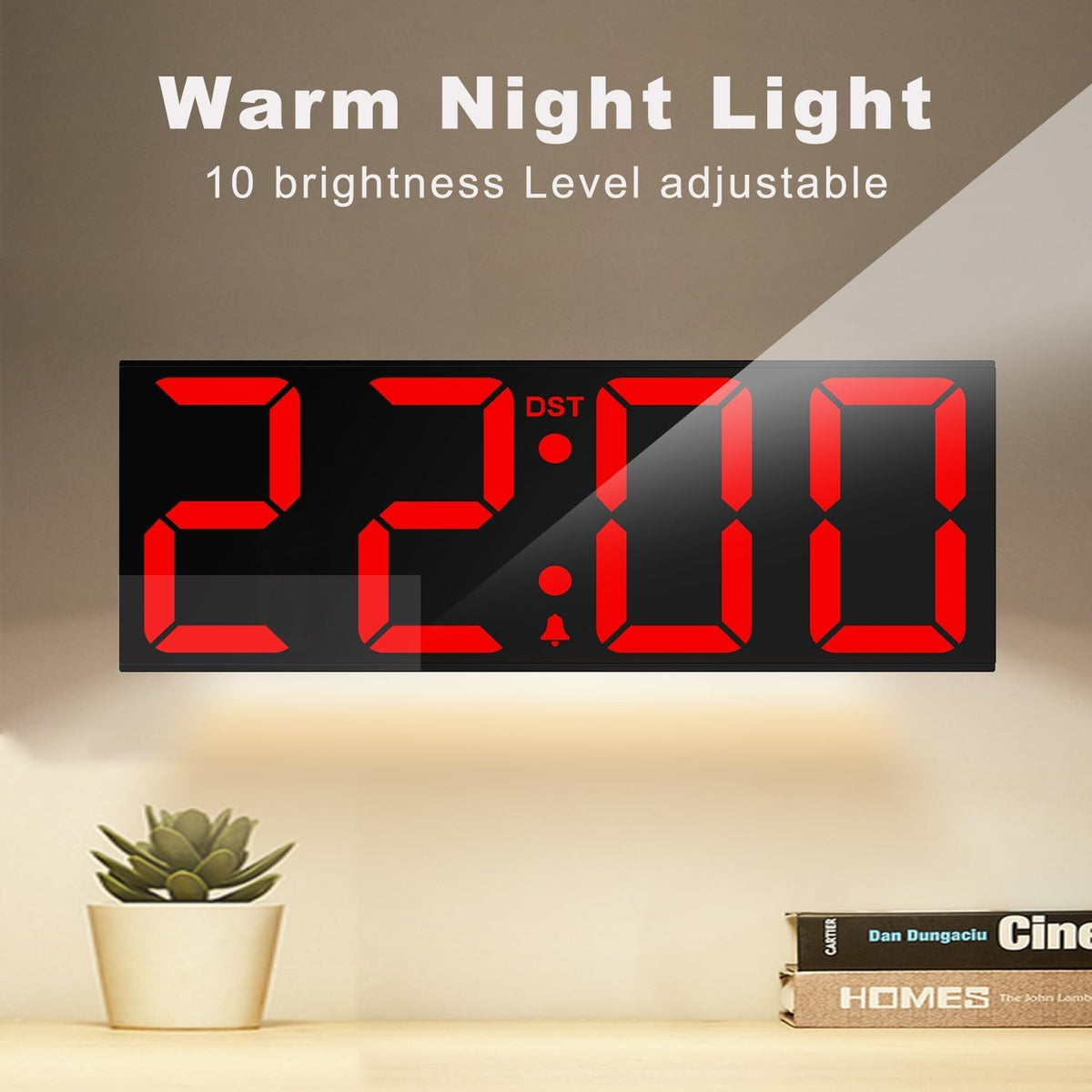 Digital Wall Clock with Big LED Numbers for Classroom, Wall Clock with 8 RGB Colors for Senior, Digital Clock with Auto DST, Night Light for Bedroom (Black)