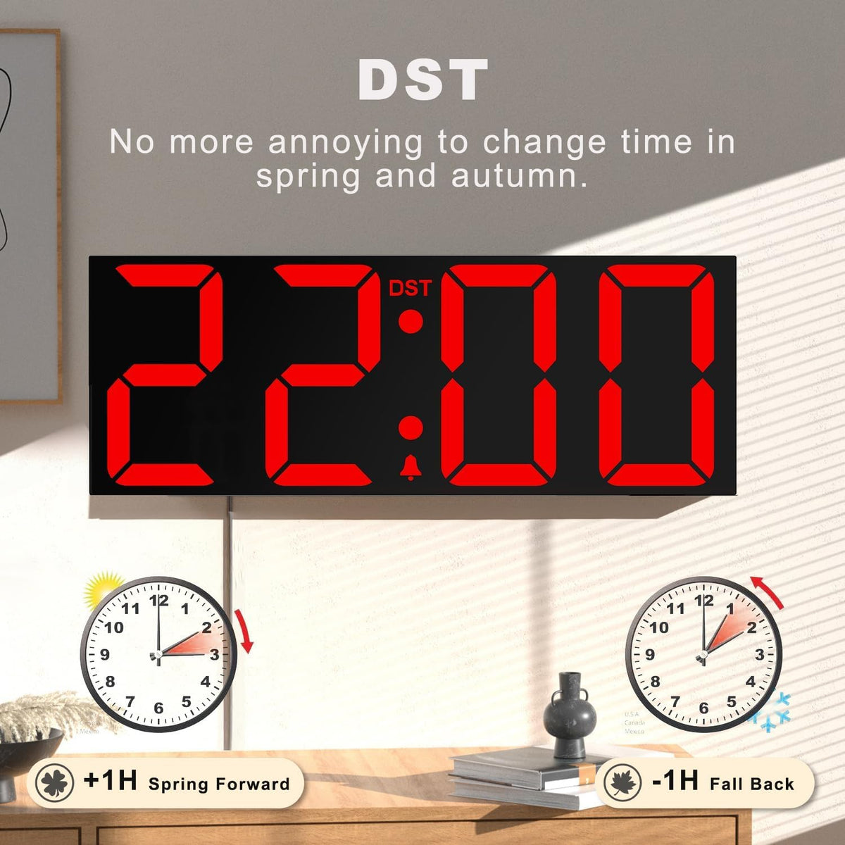 Digital Wall Clock with Big LED Numbers for Classroom, Wall Clock with 8 RGB Colors for Senior, Digital Clock with Auto DST, Night Light for Bedroom (Black)