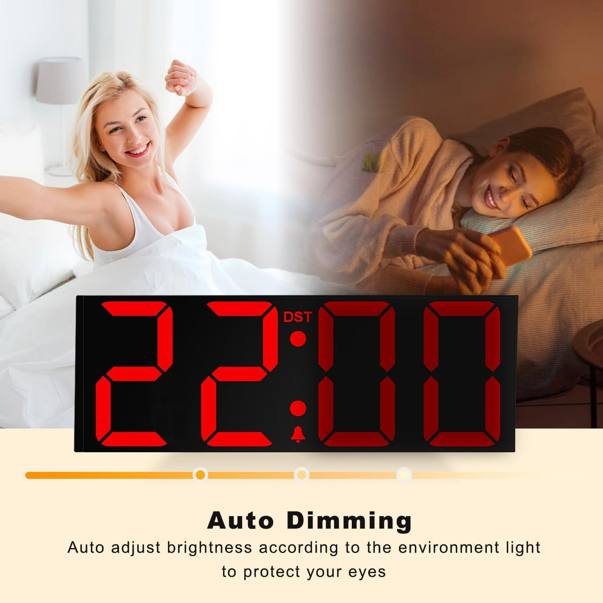 Digital Wall Clock with Big LED Numbers for Classroom, Wall Clock with 8 RGB Colors for Senior, Digital Clock with Auto DST, Night Light for Bedroom (Black)