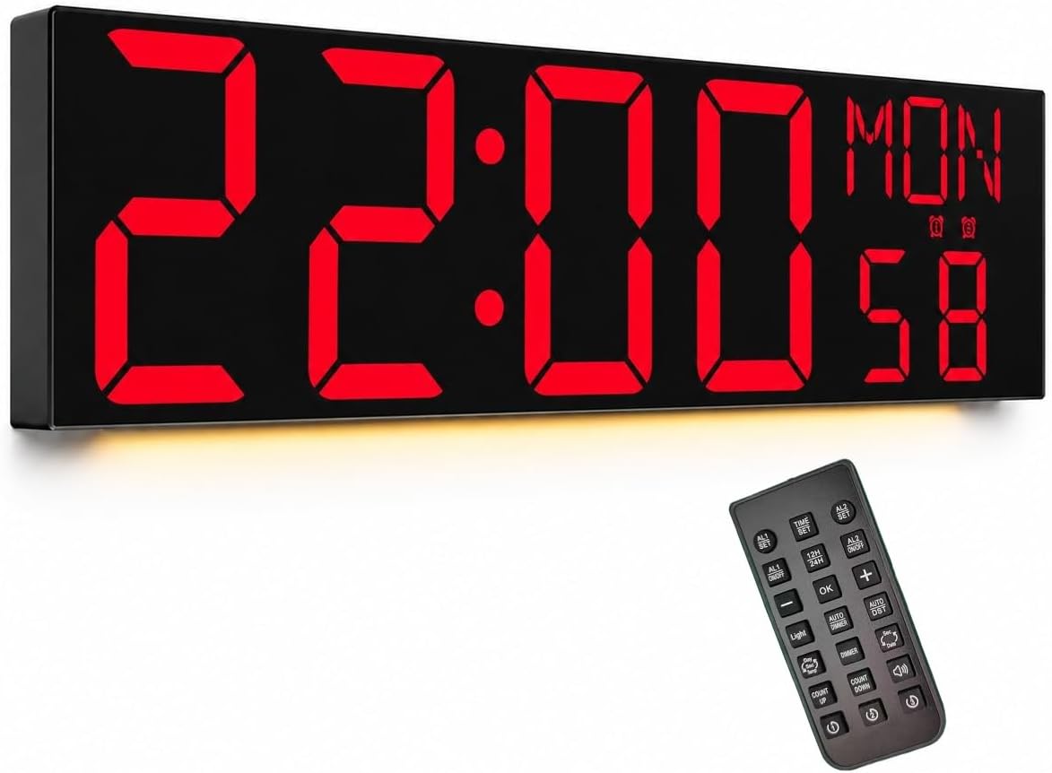 Digital Wall Clock with Big LED Numbers for Classroom, Wall Clock with 8 RGB Colors for Senior, Digital Clock with Auto DST, Night Light for Bedroom (Black)