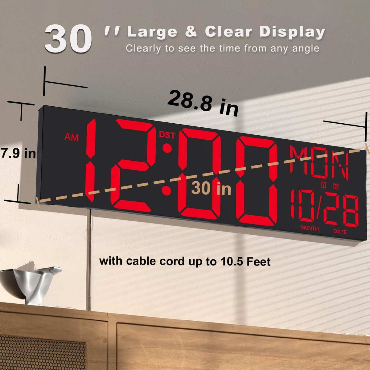 Digital Wall Clock with Big LED Numbers for Classroom, Wall Clock with 8 RGB Colors for Senior, Digital Clock with Auto DST, Night Light for Bedroom (Black)