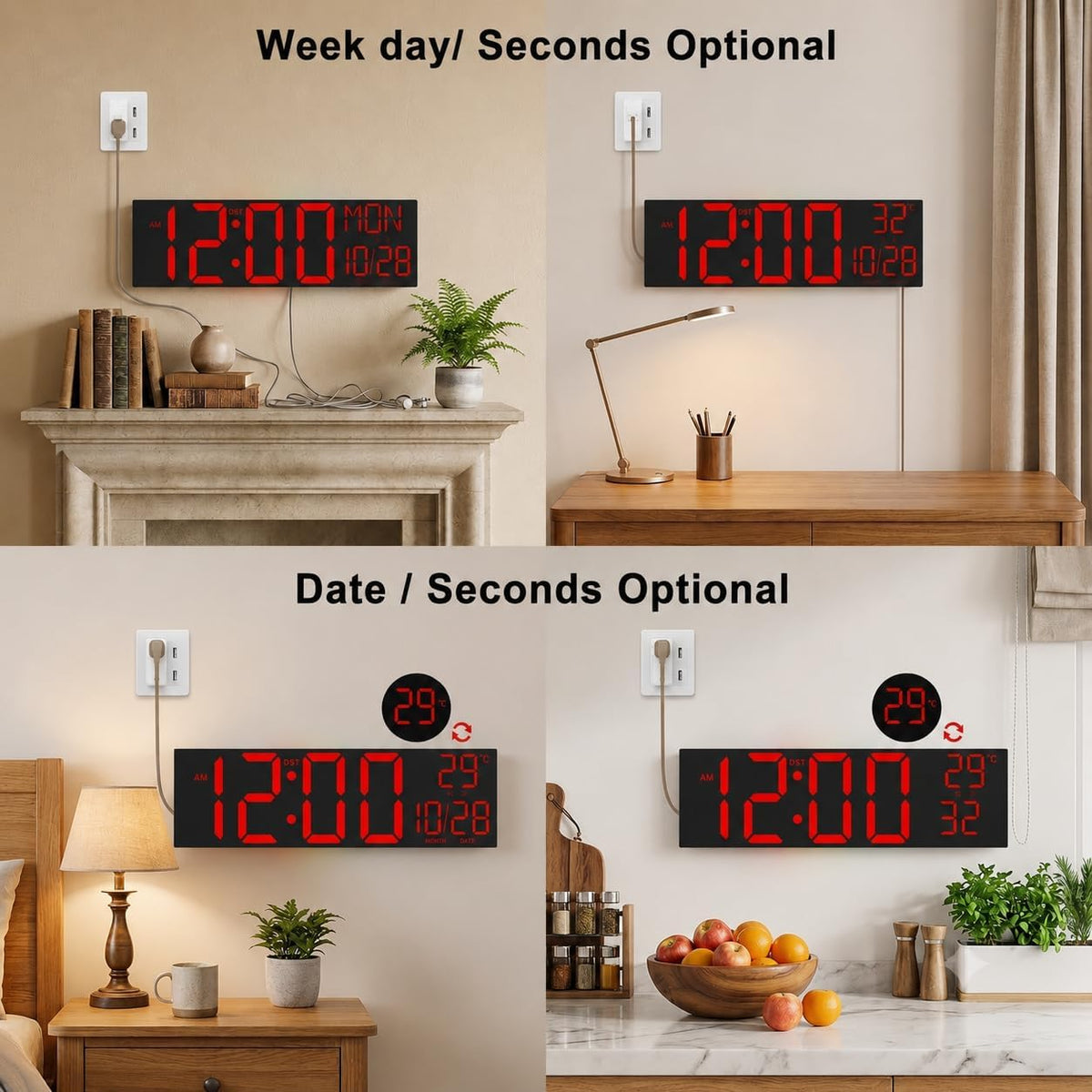 Digital Wall Clock with Big LED Numbers for Classroom, Wall Clock with 8 RGB Colors for Senior, Digital Clock with Auto DST, Night Light for Bedroom (Black)