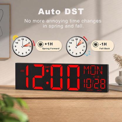 Digital Wall Clock with Big LED Numbers for Classroom, Wall Clock with 8 RGB Colors for Senior, Digital Clock with Auto DST, Night Light for Bedroom (Black)