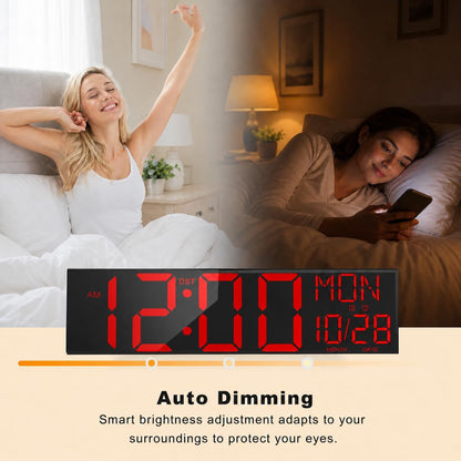Digital Wall Clock with Big LED Numbers for Classroom, Wall Clock with 8 RGB Colors for Senior, Digital Clock with Auto DST, Night Light for Bedroom (Black)