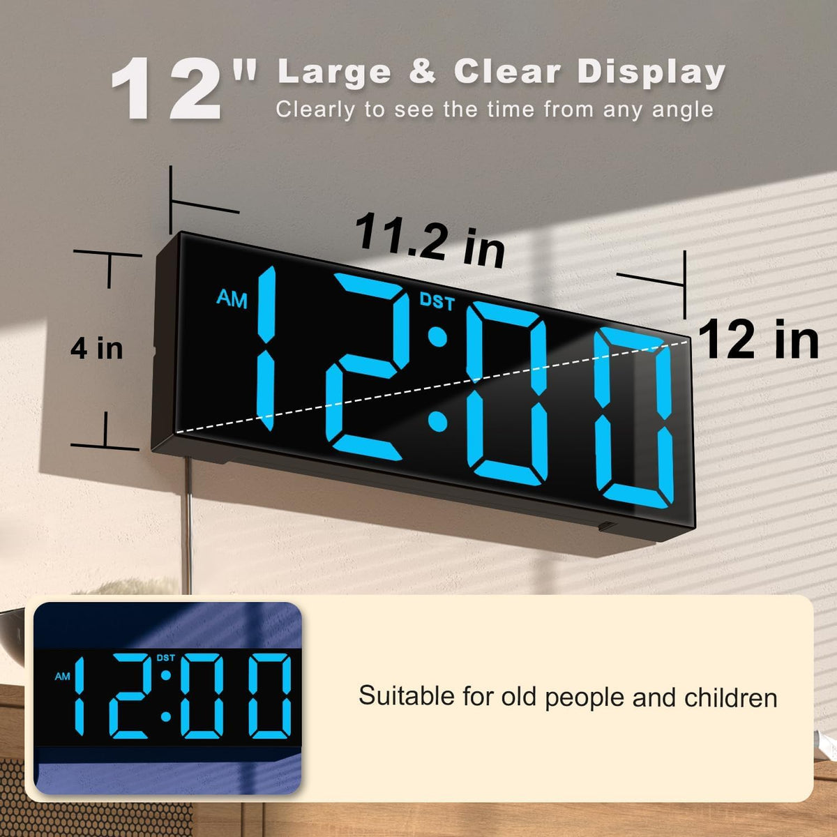 Digital Wall Clock with Big LED Numbers for Classroom, Wall Clock with 8 RGB Colors for Senior, Digital Clock with Auto DST, Night Light for Bedroom (Black)