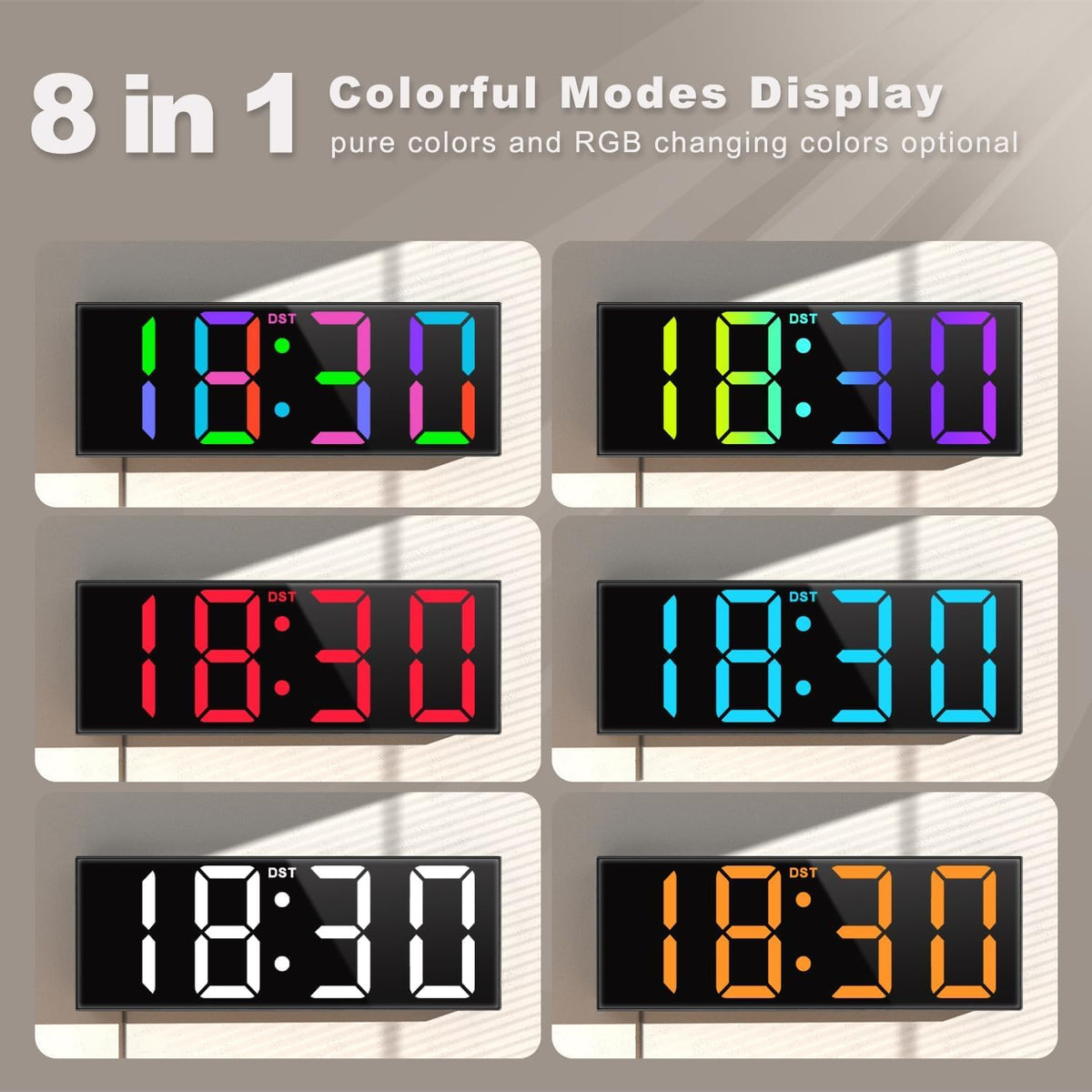 Digital Wall Clock with Big LED Numbers for Classroom, Wall Clock with 8 RGB Colors for Senior, Digital Clock with Auto DST, Night Light for Bedroom (Black)