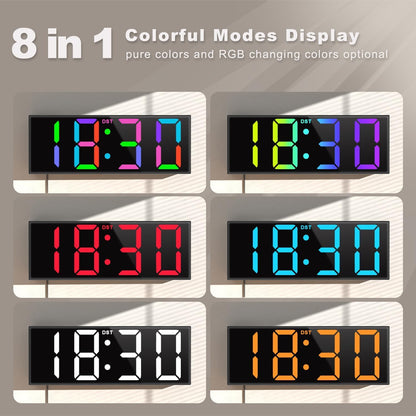 Digital Wall Clock with Big LED Numbers for Classroom, Wall Clock with 8 RGB Colors for Senior, Digital Clock with Auto DST, Night Light for Bedroom (Black)