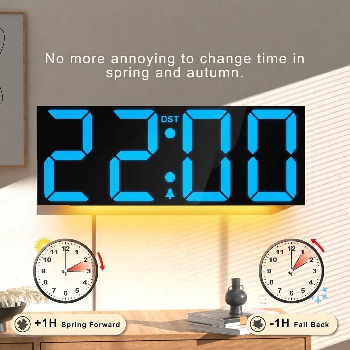 Digital Wall Clock with Big LED Numbers for Classroom, Wall Clock with 8 RGB Colors for Senior, Digital Clock with Auto DST, Night Light for Bedroom (Black)