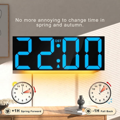Digital Wall Clock with Big LED Numbers for Classroom, Wall Clock with 8 RGB Colors for Senior, Digital Clock with Auto DST, Night Light for Bedroom (Black)