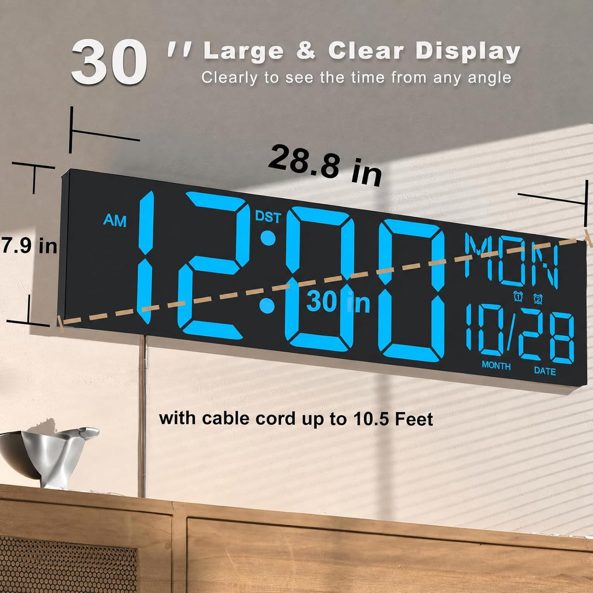 Digital Wall Clock with Big LED Numbers for Classroom, Wall Clock with 8 RGB Colors for Senior, Digital Clock with Auto DST, Night Light for Bedroom (Black)