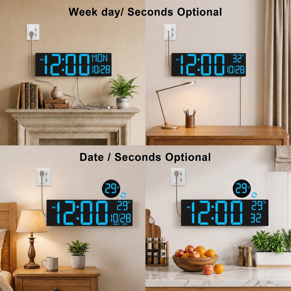 Digital Wall Clock with Big LED Numbers for Classroom, Wall Clock with 8 RGB Colors for Senior, Digital Clock with Auto DST, Night Light for Bedroom (Black)