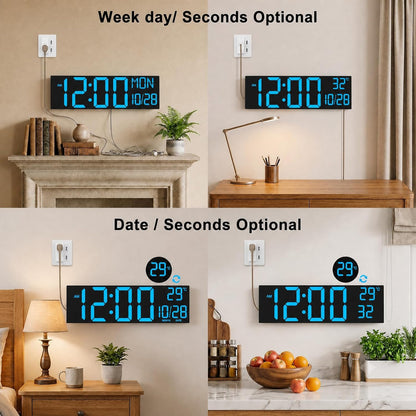 Digital Wall Clock with Big LED Numbers for Classroom, Wall Clock with 8 RGB Colors for Senior, Digital Clock with Auto DST, Night Light for Bedroom (Black)