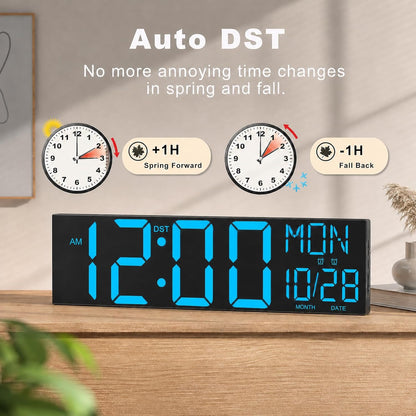 Digital Wall Clock with Big LED Numbers for Classroom, Wall Clock with 8 RGB Colors for Senior, Digital Clock with Auto DST, Night Light for Bedroom (Black)