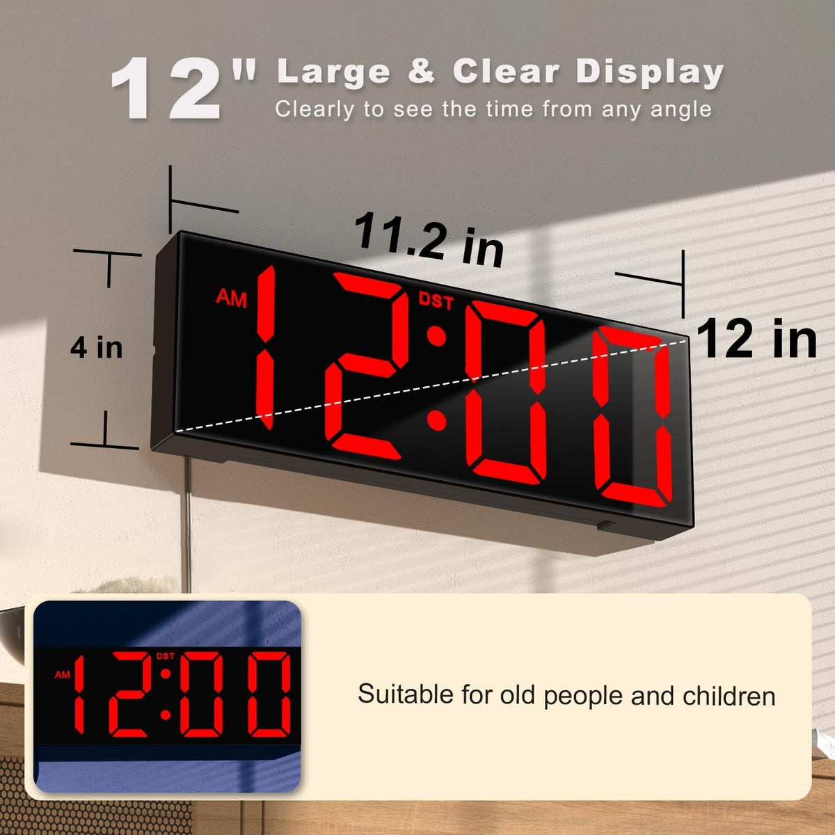 Digital Wall Clock with Big LED Numbers for Classroom, Wall Clock with 8 RGB Colors for Senior, Digital Clock with Auto DST, Night Light for Bedroom (Black)