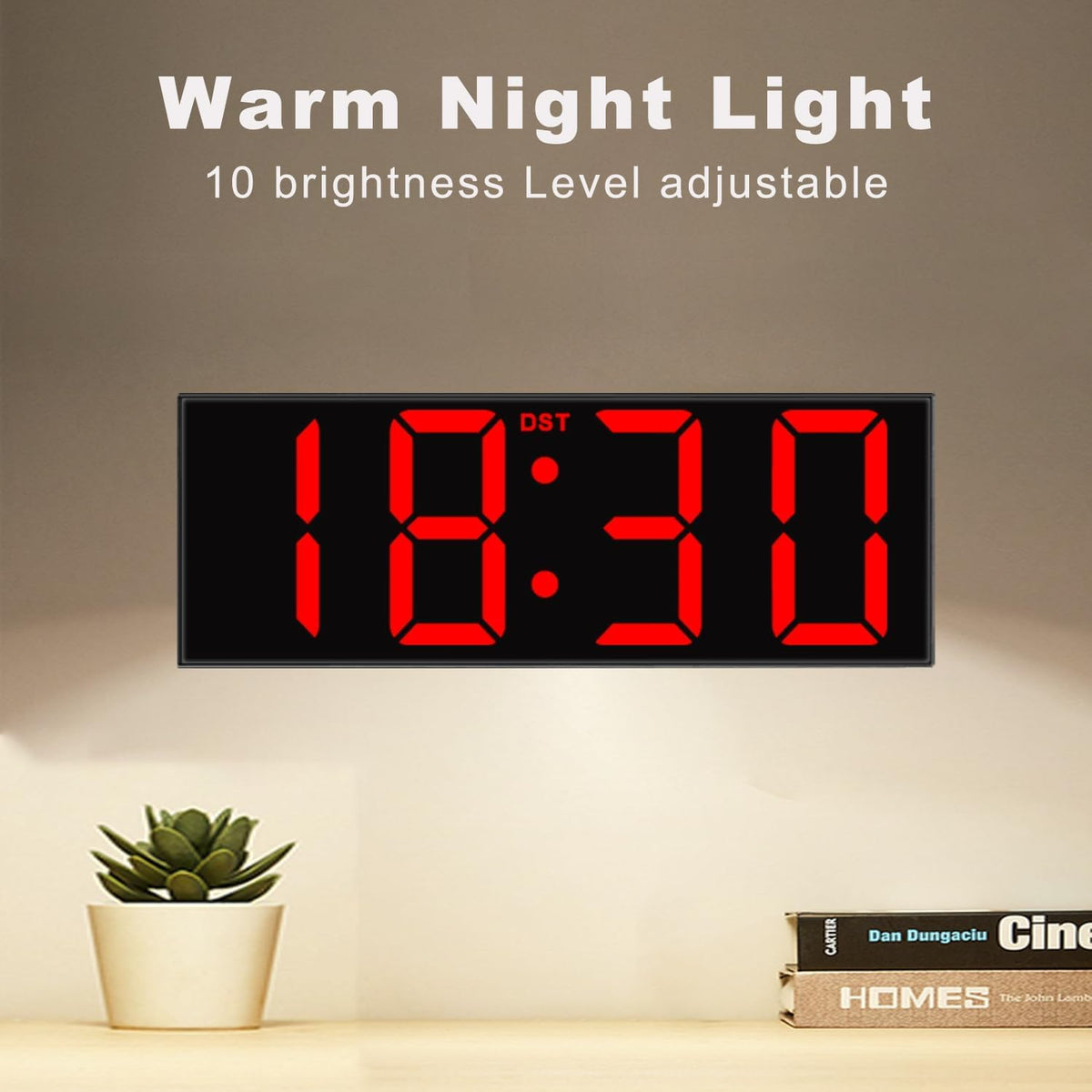 Digital Wall Clock with Big LED Numbers for Classroom, Wall Clock with 8 RGB Colors for Senior, Digital Clock with Auto DST, Night Light for Bedroom (Black)