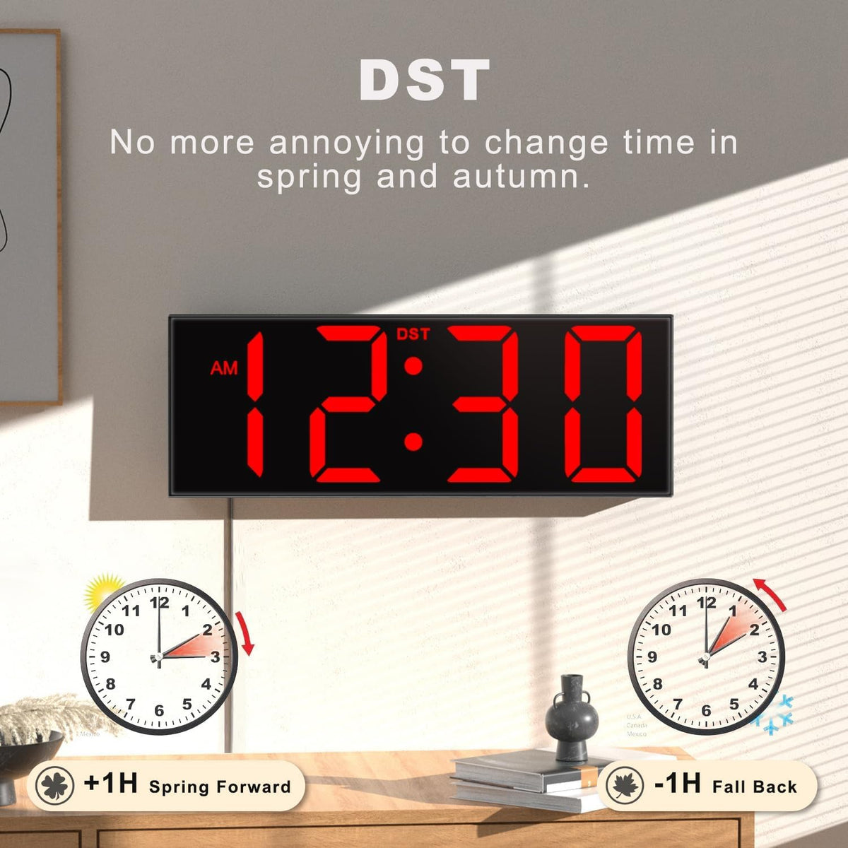 Digital Wall Clock with Big LED Numbers for Classroom, Wall Clock with 8 RGB Colors for Senior, Digital Clock with Auto DST, Night Light for Bedroom (Black)