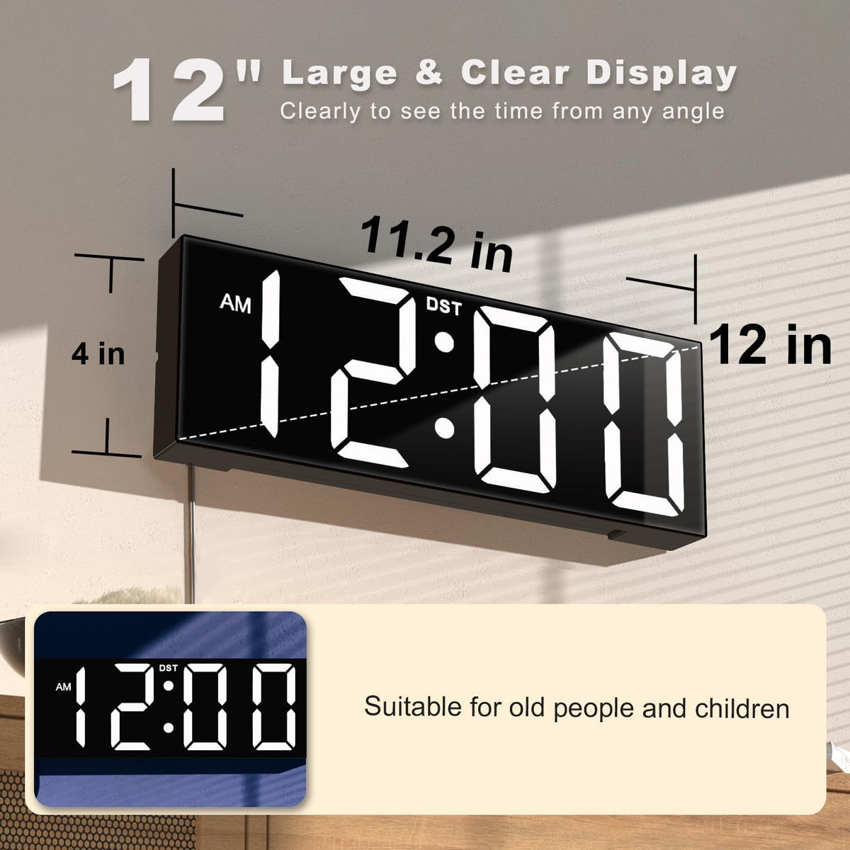 Digital Wall Clock with Big LED Numbers for Classroom, Wall Clock with 8 RGB Colors for Senior, Digital Clock with Auto DST, Night Light for Bedroom (Black)