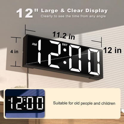 Digital Wall Clock with Big LED Numbers for Classroom, Wall Clock with 8 RGB Colors for Senior, Digital Clock with Auto DST, Night Light for Bedroom (Black)