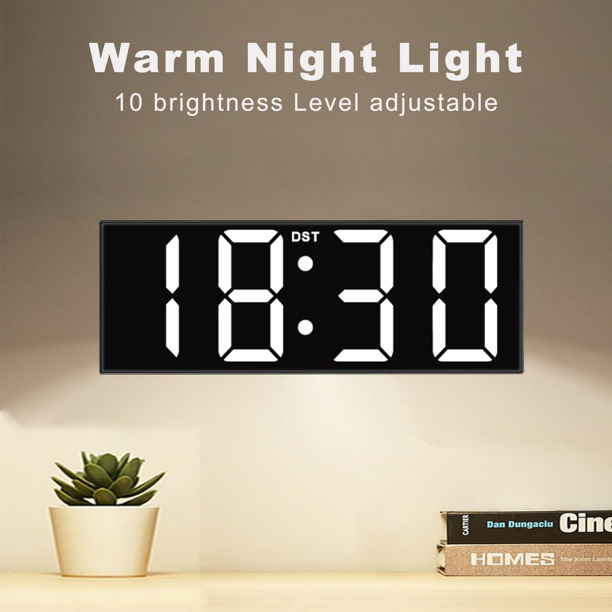 Digital Wall Clock with Big LED Numbers for Classroom, Wall Clock with 8 RGB Colors for Senior, Digital Clock with Auto DST, Night Light for Bedroom (Black)