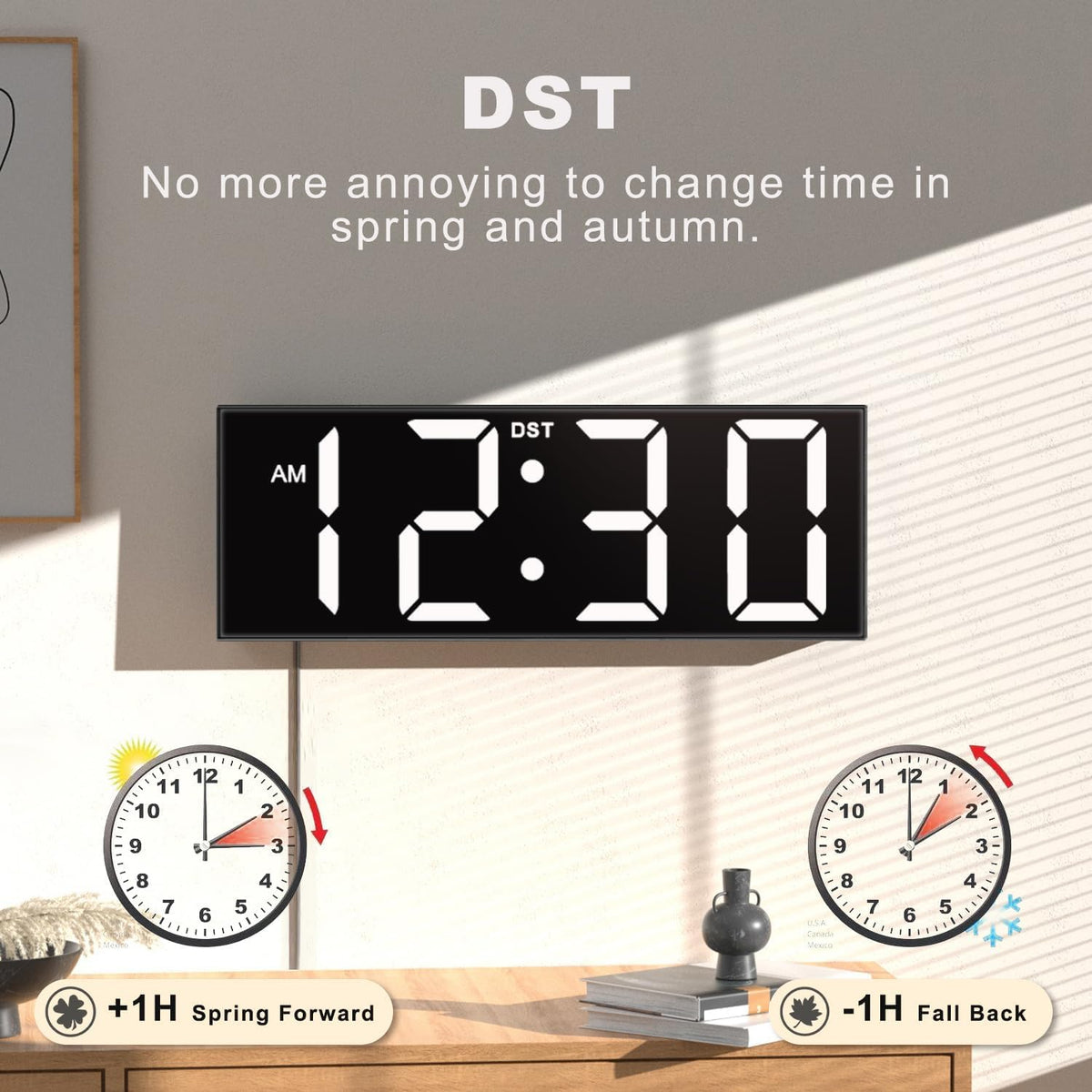 Digital Wall Clock with Big LED Numbers for Classroom, Wall Clock with 8 RGB Colors for Senior, Digital Clock with Auto DST, Night Light for Bedroom (Black)