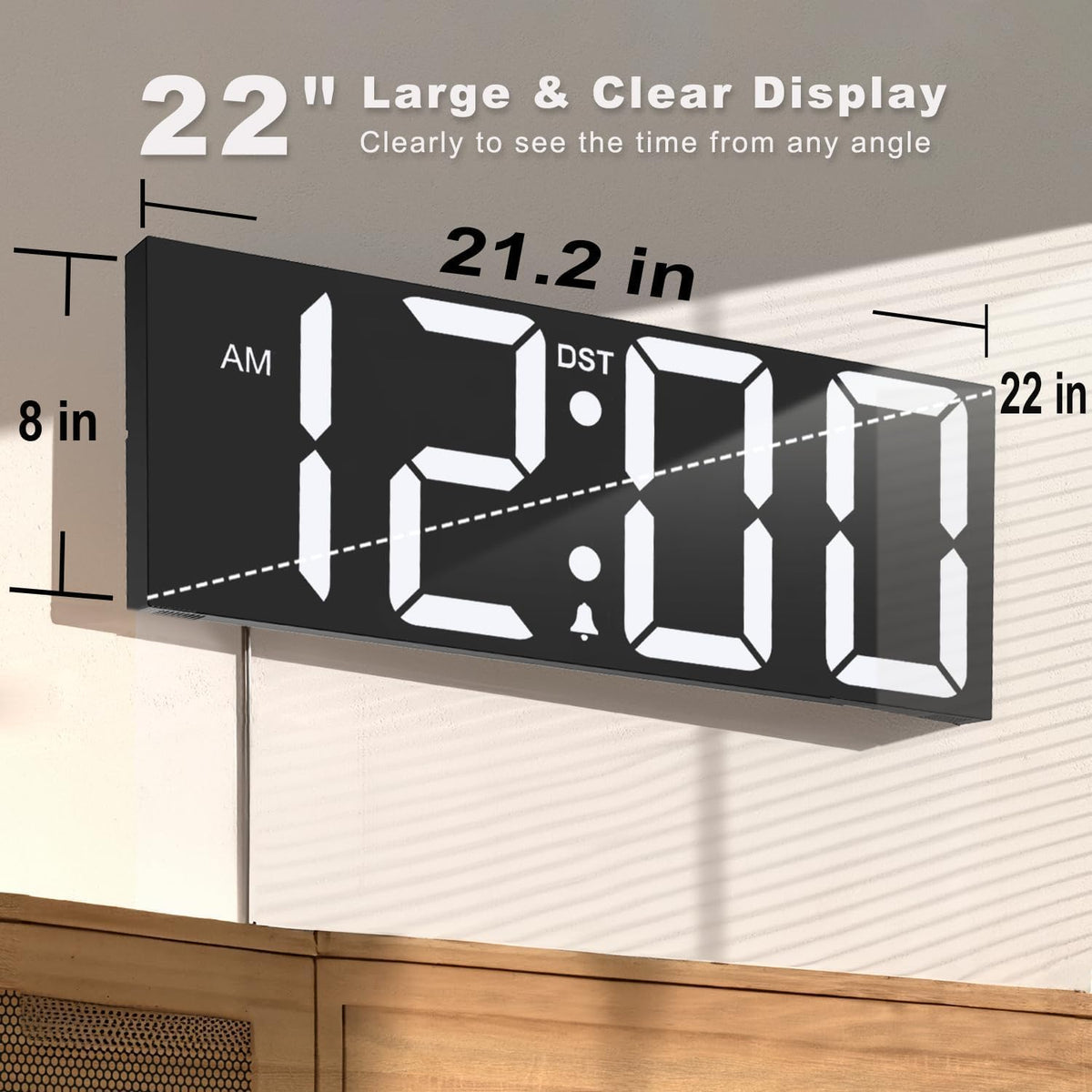 Digital Wall Clock with Big LED Numbers for Classroom, Wall Clock with 8 RGB Colors for Senior, Digital Clock with Auto DST, Night Light for Bedroom (Black)