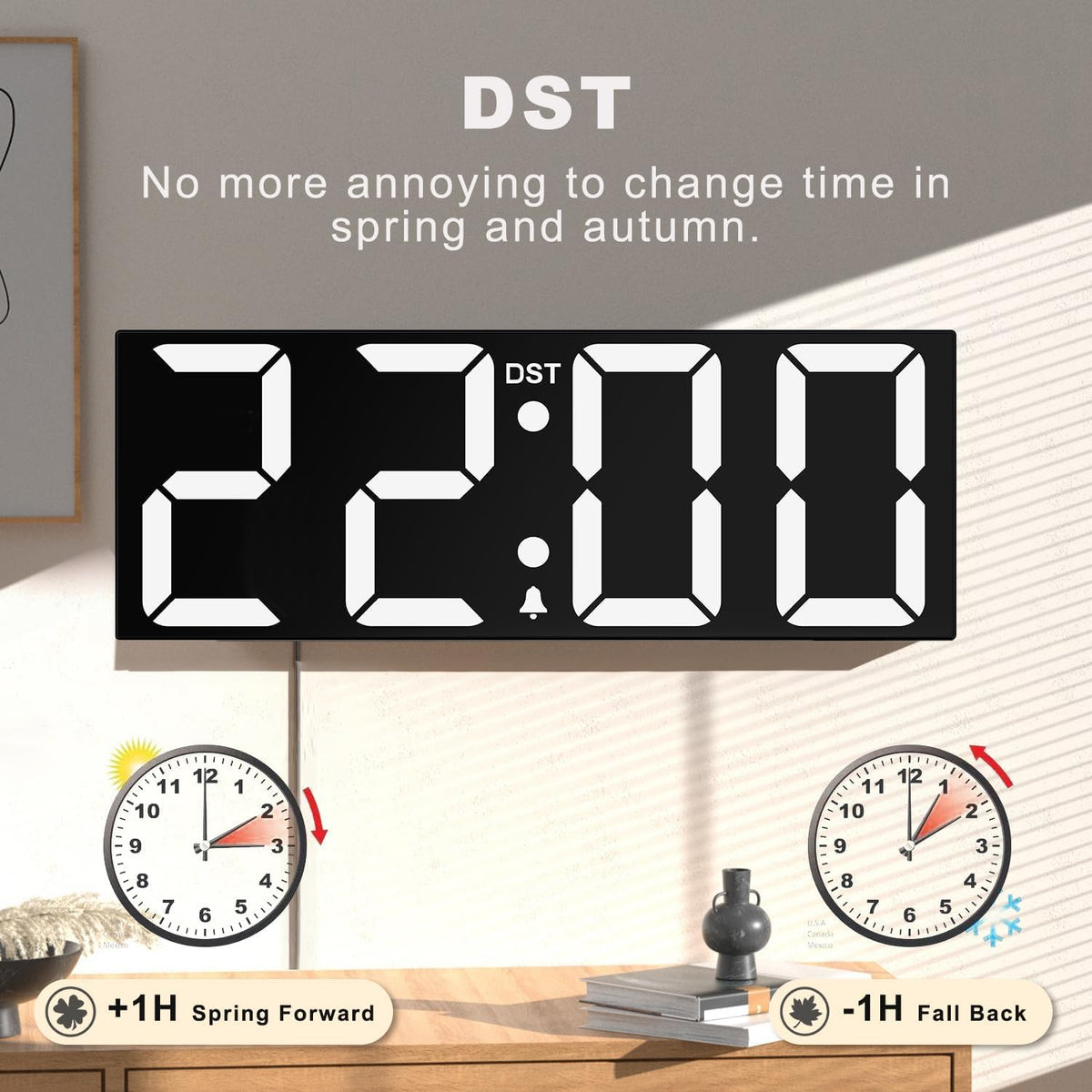 Digital Wall Clock with Big LED Numbers for Classroom, Wall Clock with 8 RGB Colors for Senior, Digital Clock with Auto DST, Night Light for Bedroom (Black)