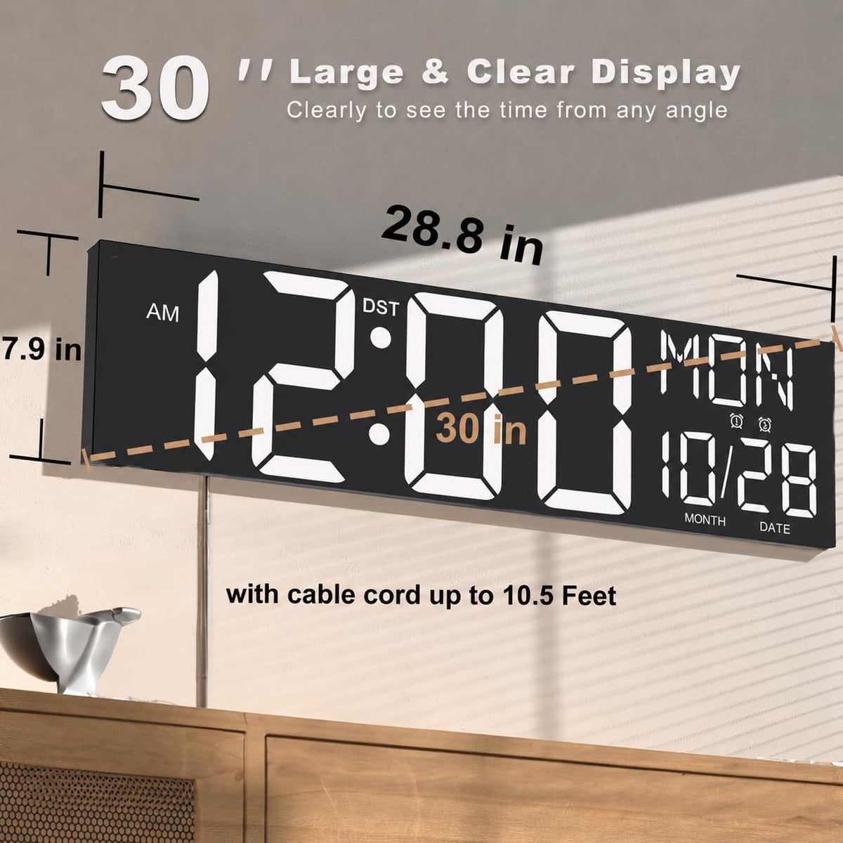 Digital Wall Clock with Big LED Numbers for Classroom, Wall Clock with 8 RGB Colors for Senior, Digital Clock with Auto DST, Night Light for Bedroom (Black)