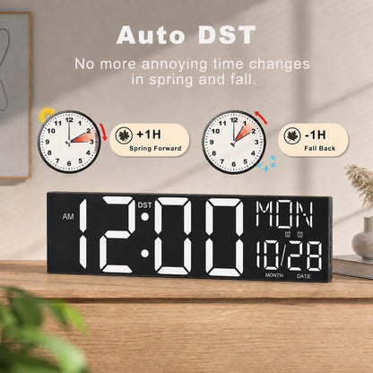 Digital Wall Clock with Big LED Numbers for Classroom, Wall Clock with 8 RGB Colors for Senior, Digital Clock with Auto DST, Night Light for Bedroom (Black)