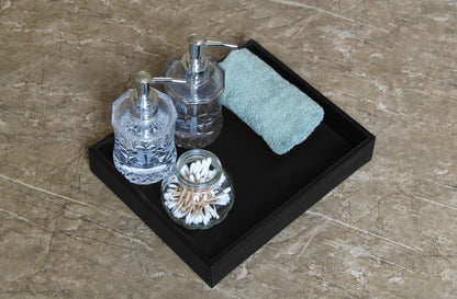 Faux Leather Vanity Tray, Elegant Desktop Storage Organizer, Decorative Catchall for Perfume, Bathroom Valet, Nightstand or Dresser, Black, 10.2 x 8.4 x 1.8 Inches