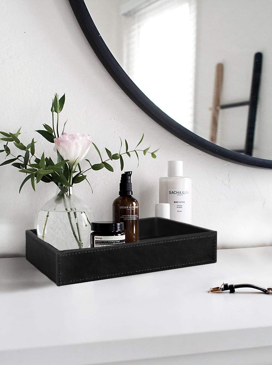 Faux Leather Vanity Tray, Elegant Desktop Storage Organizer, Decorative Catchall for Perfume, Bathroom Valet, Nightstand or Dresser, Black, 10.2 x 8.4 x 1.8 Inches