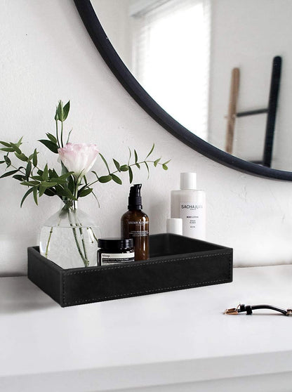 Faux Leather Vanity Tray, Elegant Desktop Storage Organizer, Decorative Catchall for Perfume, Bathroom Valet, Nightstand or Dresser, Black, 10.2 x 8.4 x 1.8 Inches