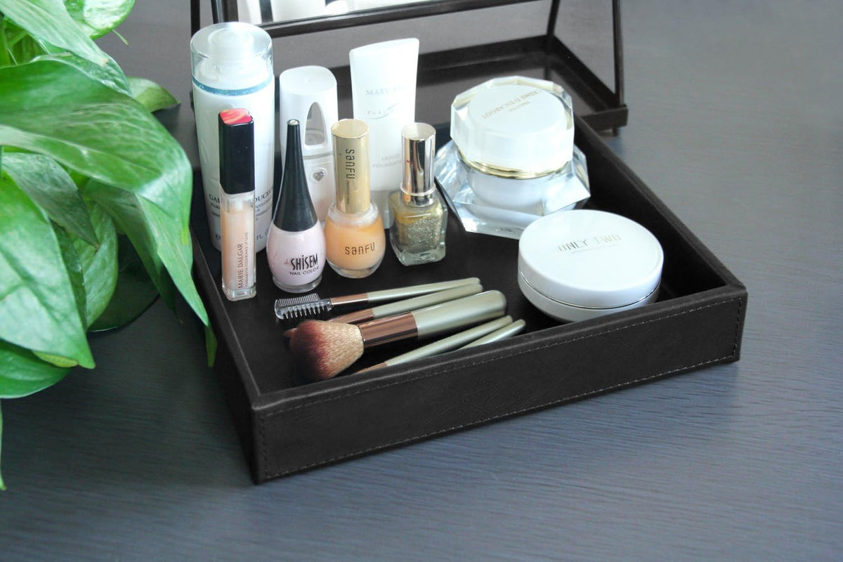 Faux Leather Vanity Tray, Elegant Desktop Storage Organizer, Decorative Catchall for Perfume, Bathroom Valet, Nightstand or Dresser, Black, 10.2 x 8.4 x 1.8 Inches