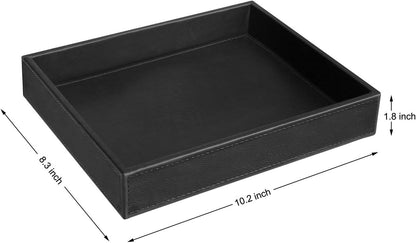 Faux Leather Vanity Tray, Elegant Desktop Storage Organizer, Decorative Catchall for Perfume, Bathroom Valet, Nightstand or Dresser, Black, 10.2 x 8.4 x 1.8 Inches