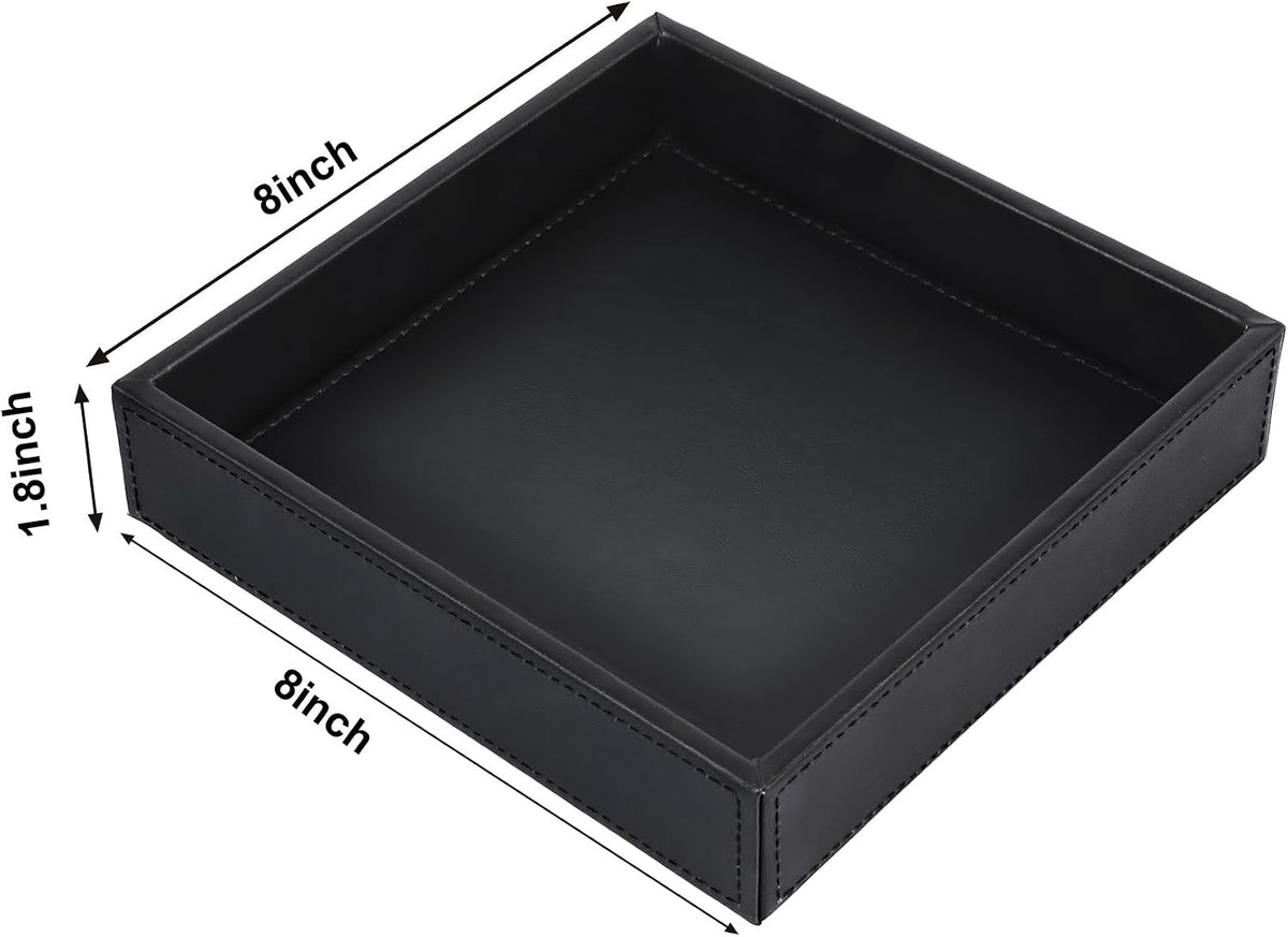 Faux Leather Vanity Tray, Elegant Desktop Storage Organizer, Decorative Catchall for Perfume, Bathroom Valet, Nightstand or Dresser, Black, 10.2 x 8.4 x 1.8 Inches