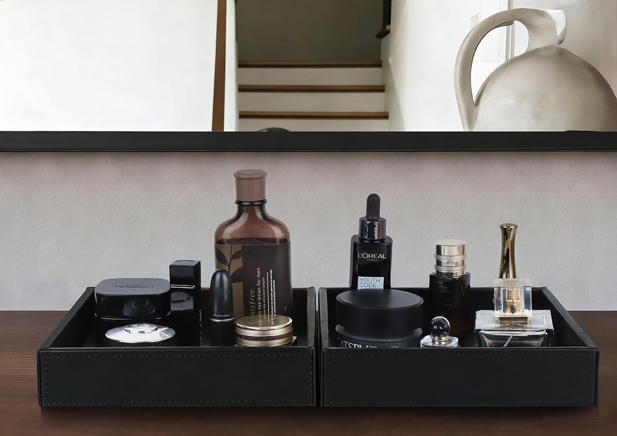 Faux Leather Vanity Tray, Elegant Desktop Storage Organizer, Decorative Catchall for Perfume, Bathroom Valet, Nightstand or Dresser, Black, 10.2 x 8.4 x 1.8 Inches
