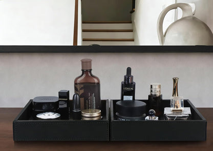 Faux Leather Vanity Tray, Elegant Desktop Storage Organizer, Decorative Catchall for Perfume, Bathroom Valet, Nightstand or Dresser, Black, 10.2 x 8.4 x 1.8 Inches