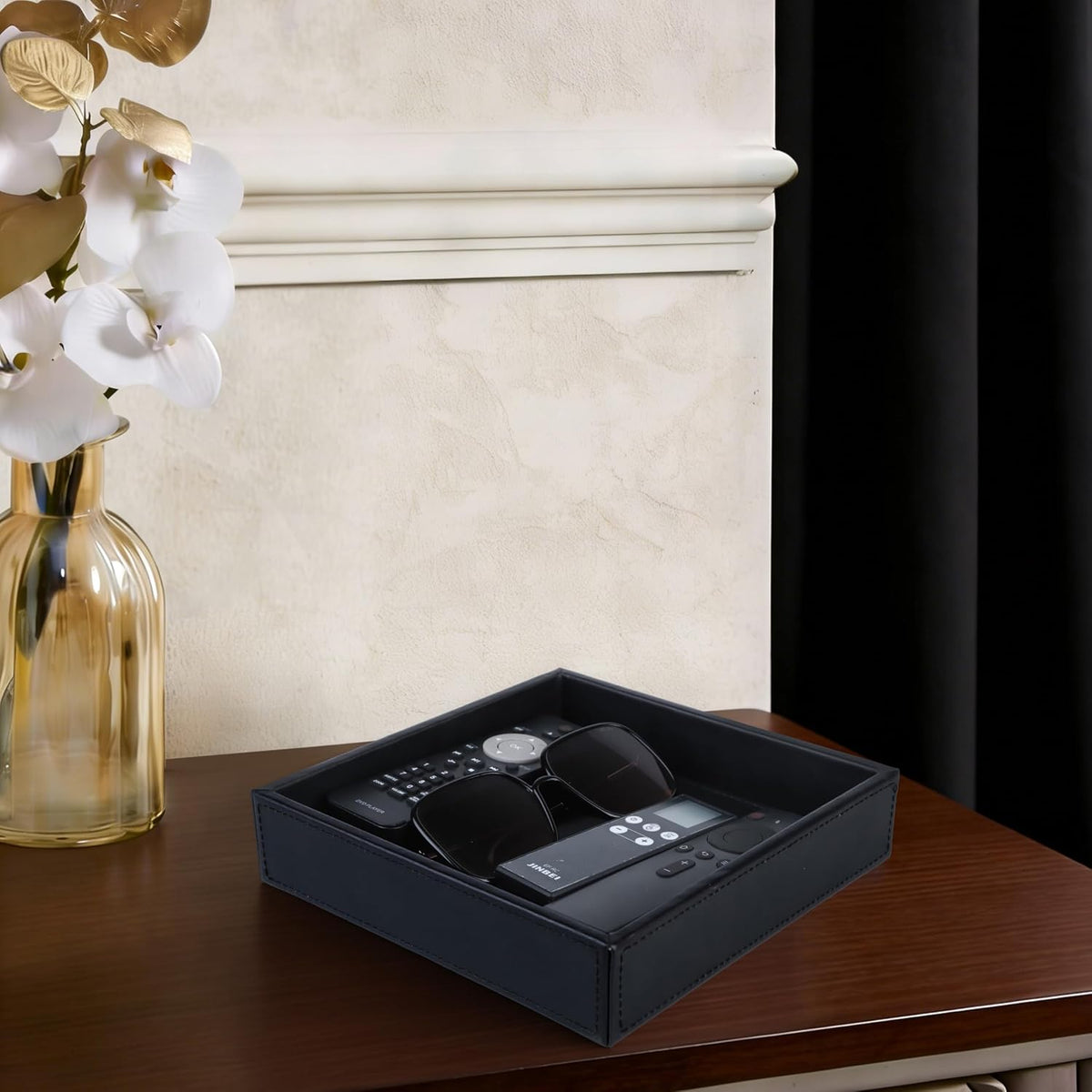 Faux Leather Vanity Tray, Elegant Desktop Storage Organizer, Decorative Catchall for Perfume, Bathroom Valet, Nightstand or Dresser, Black, 10.2 x 8.4 x 1.8 Inches