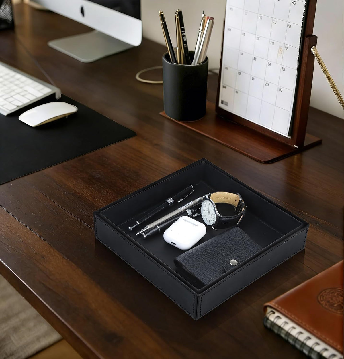 Faux Leather Vanity Tray, Elegant Desktop Storage Organizer, Decorative Catchall for Perfume, Bathroom Valet, Nightstand or Dresser, Black, 10.2 x 8.4 x 1.8 Inches