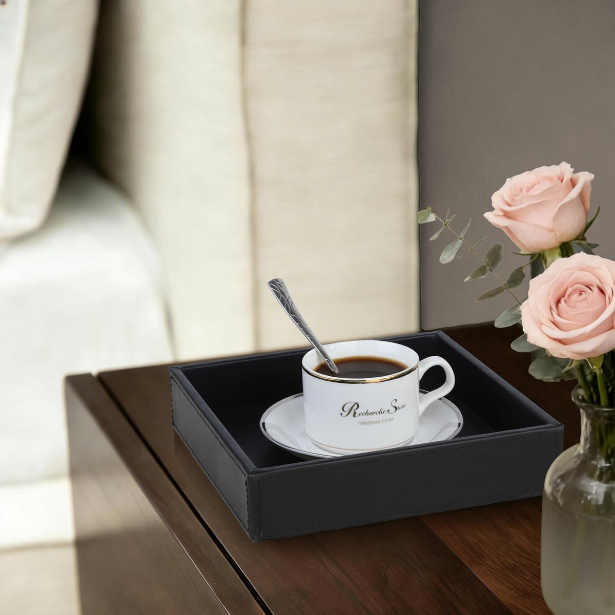 Faux Leather Vanity Tray, Elegant Desktop Storage Organizer, Decorative Catchall for Perfume, Bathroom Valet, Nightstand or Dresser, Black, 10.2 x 8.4 x 1.8 Inches