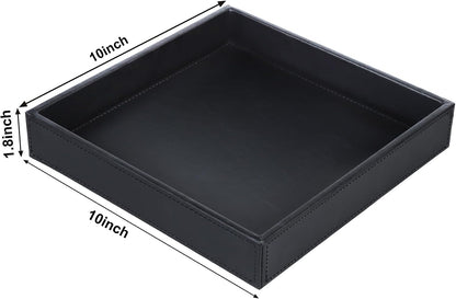 Faux Leather Vanity Tray, Elegant Desktop Storage Organizer, Decorative Catchall for Perfume, Bathroom Valet, Nightstand or Dresser, Black, 10.2 x 8.4 x 1.8 Inches