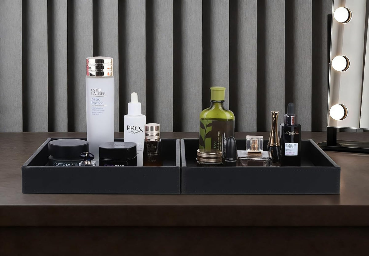 Faux Leather Vanity Tray, Elegant Desktop Storage Organizer, Decorative Catchall for Perfume, Bathroom Valet, Nightstand or Dresser, Black, 10.2 x 8.4 x 1.8 Inches