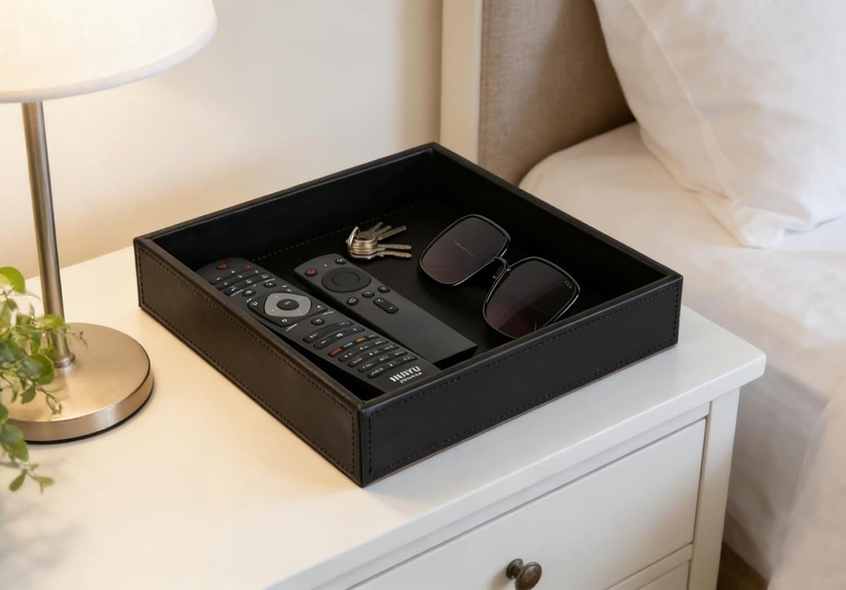 Faux Leather Vanity Tray, Elegant Desktop Storage Organizer, Decorative Catchall for Perfume, Bathroom Valet, Nightstand or Dresser, Black, 10.2 x 8.4 x 1.8 Inches