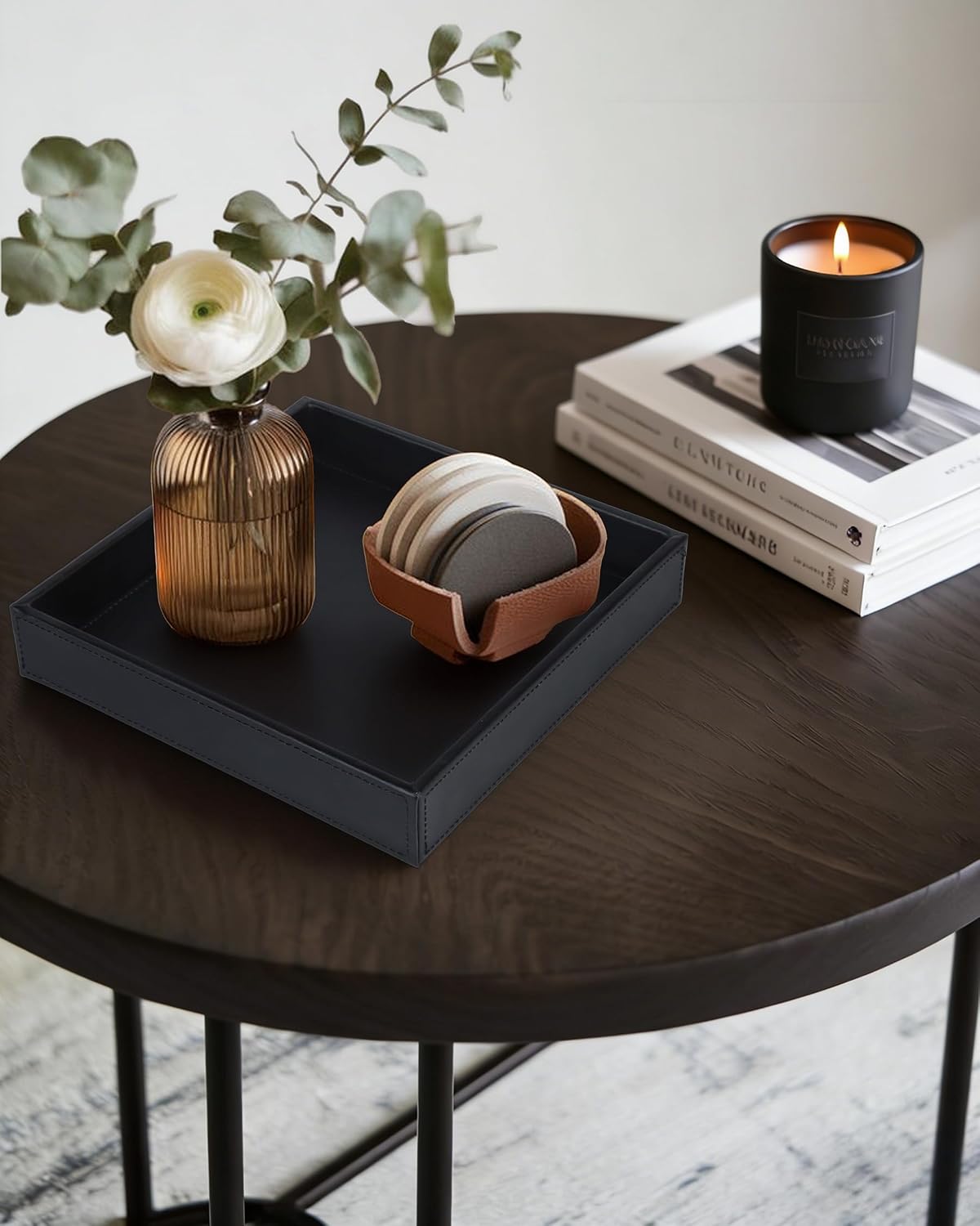 Faux Leather Vanity Tray, Elegant Desktop Storage Organizer, Decorative Catchall for Perfume, Bathroom Valet, Nightstand or Dresser, Black, 10.2 x 8.4 x 1.8 Inches