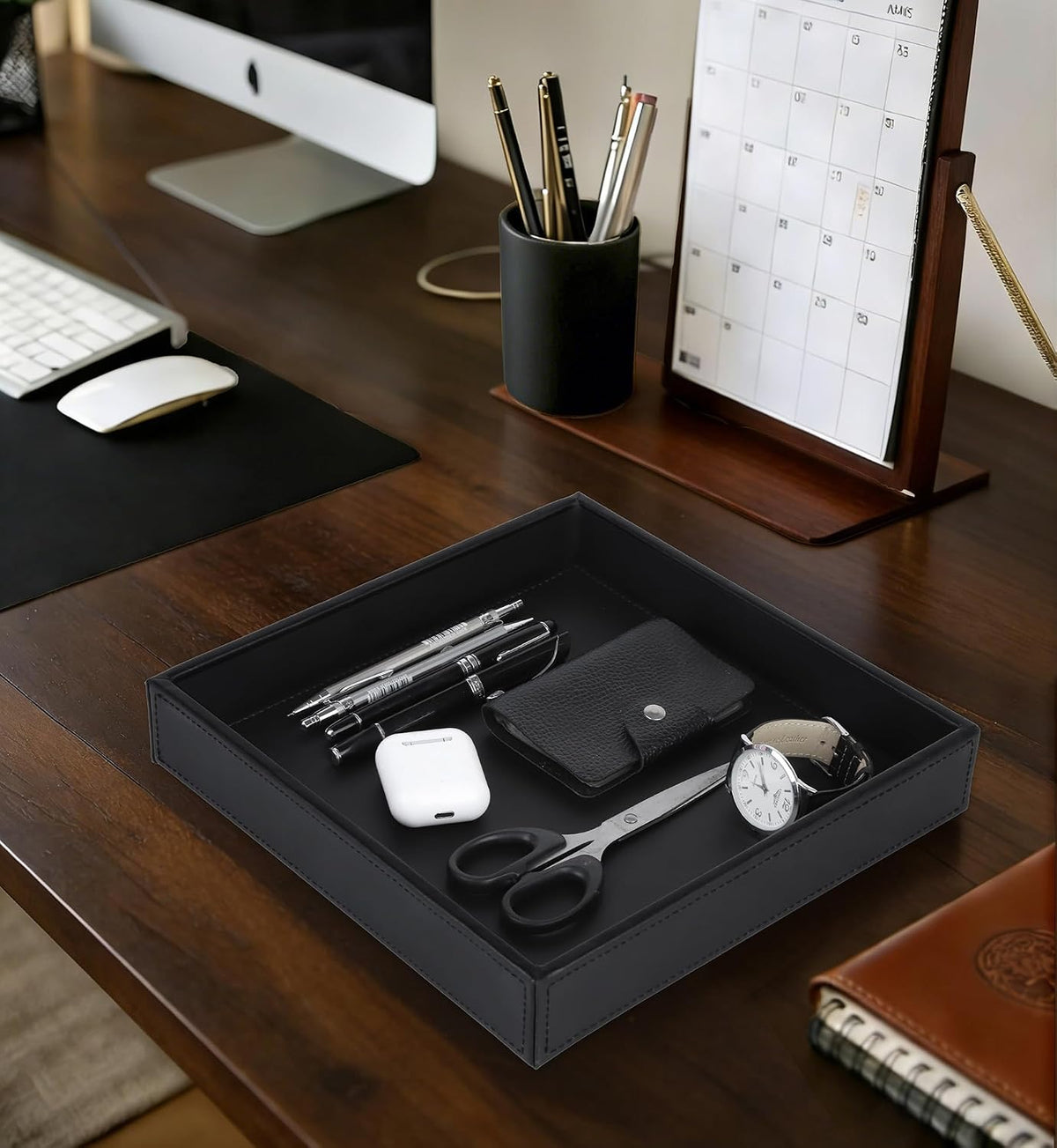 Faux Leather Vanity Tray, Elegant Desktop Storage Organizer, Decorative Catchall for Perfume, Bathroom Valet, Nightstand or Dresser, Black, 10.2 x 8.4 x 1.8 Inches