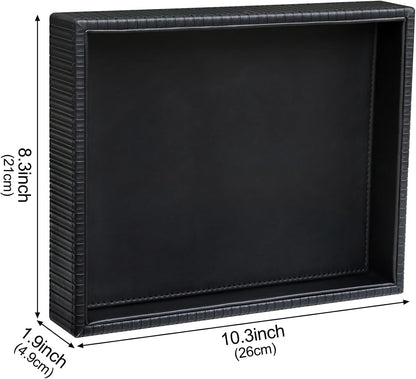 Faux Leather Vanity Tray, Elegant Desktop Storage Organizer, Decorative Catchall for Perfume, Bathroom Valet, Nightstand or Dresser, Black, 10.2 x 8.4 x 1.8 Inches