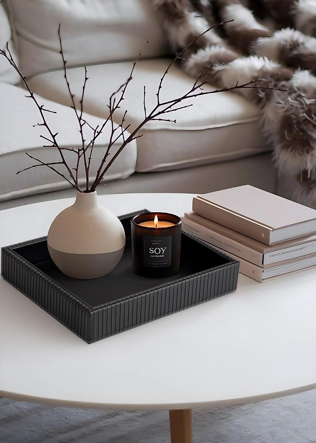 Faux Leather Vanity Tray, Elegant Desktop Storage Organizer, Decorative Catchall for Perfume, Bathroom Valet, Nightstand or Dresser, Black, 10.2 x 8.4 x 1.8 Inches