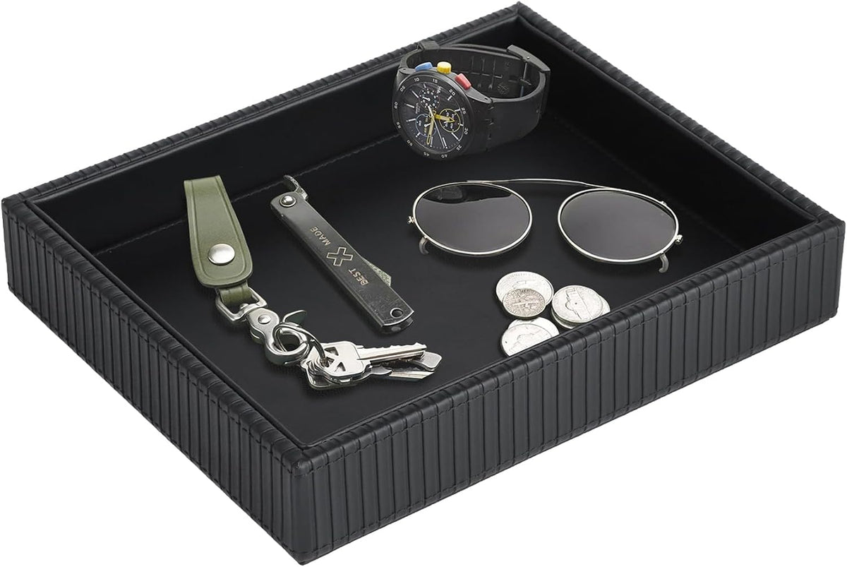 Faux Leather Vanity Tray, Elegant Desktop Storage Organizer, Decorative Catchall for Perfume, Bathroom Valet, Nightstand or Dresser, Black, 10.2 x 8.4 x 1.8 Inches