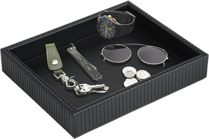 Faux Leather Vanity Tray, Elegant Desktop Storage Organizer, Decorative Catchall for Perfume, Bathroom Valet, Nightstand or Dresser, Black, 10.2 x 8.4 x 1.8 Inches